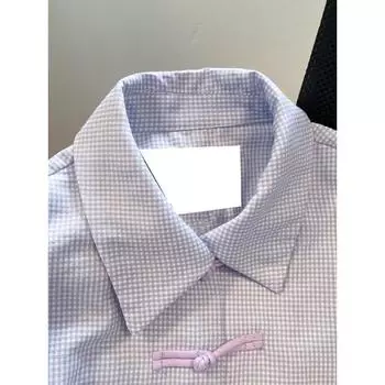Summer Retro Purple Women s Shirt Chic Single Breasted Checkered Short Sleeved Korean Style Simple Fashionable Ladies Top S