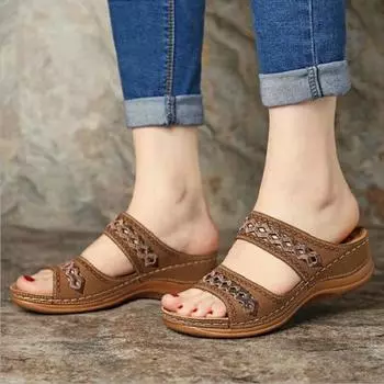 Summer Retro Wedges Slippers Women Non-slip Round Toe Comfortable Plus Size Casual Walking Beach Shoes Sandals 35-43 35