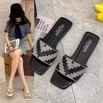 Summer Rhinestone Design Women Slippers Sandals Shoes Antiskid Flat Luxury Slippers Woman Sandals Slides Beach Shoes 35 чёрный