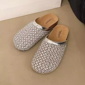 Summer rhinestones full drill breathable fishing net hollowed out outer wear bag head half slippers sandals flat women s shoes 35