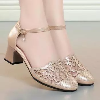 Summer Rhinestones Women Closed Toe Sandals Flat Mid Heel Chunky Heel PU Leather Shoes Hollow Mesh Soft Bottom Mom Shoes 35(Foot22.5cm)