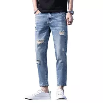 Summer Ripped Jeans for Men s New Style of Boys Casual Pants Versatile Embroidery Slim Feet 27