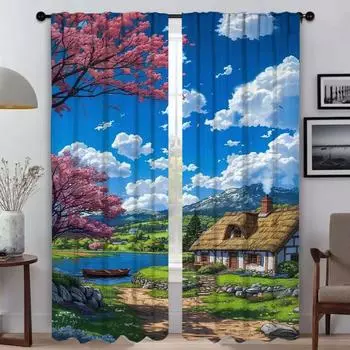 Summer Road Anti-mosquito Curtains for Living Room Partition Halloween Decoration Window Curtain Home Interior Curtains 2 Pieces W50xH70cmx2pcs-CL