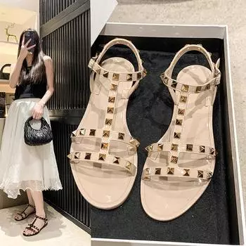 Summer Roman Sandalias Woman Rivets Women Sandals Bow Knot Flat Slippers Girls Student Beach Slides Jelly Shoes 36-41 36 бежевый