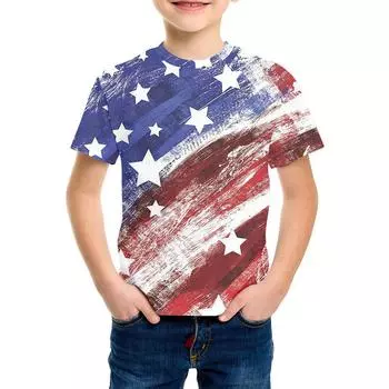Summer Round Neck 3D American Flag Printed Top Fashionable Casual Short Sleeved Children s Boy T-shirts 110