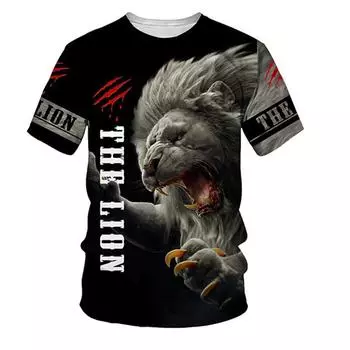 Summer Round Neck 3D Animal Lion Pattern Print Top Fashionable Casual Short Sleeved Men s T-shirts XS