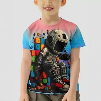 Summer Round Neck 3D Astronaut Print Top Fashionable and Casual Short Sleeved Children s Boy T-shirts 110