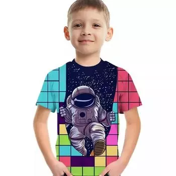Summer Round Neck 3D Astronaut Printed Top Fashionable and Casual Short Sleeved Children s Boy T-shirts 110