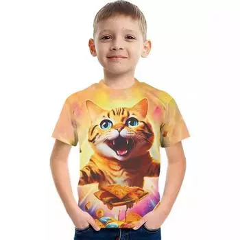 Summer Round Neck 3D Cat Printed Top Fashionable and Casual Short Sleeved Children s Boy T-shirts 110