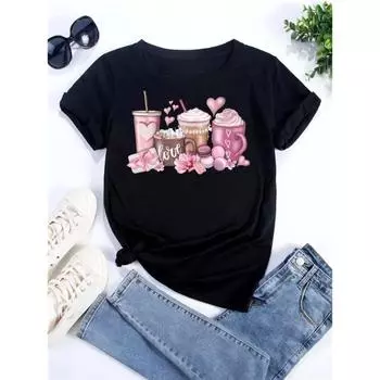 Summer Round Neck 3D Coffee Cup Print Top Fashionable Casual Short Sleeved Women s T-shirts S