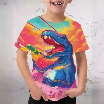 Summer Round Neck 3D Dinosaur Print Top Fashionable and Casual Short Sleeved Children s Boy T-shirts 170