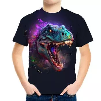 Summer Round Neck 3D Dinosaur Skull Pattern Printed Top Fashionable Casual Short Sleeved Children s Boy T-shirts 170