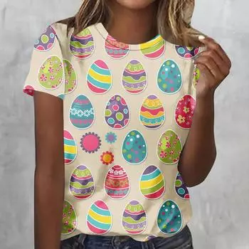 Summer Round Neck 3D Egg Party Print Top Fashionable Casual Short Sleeved Women s T-shirts XS