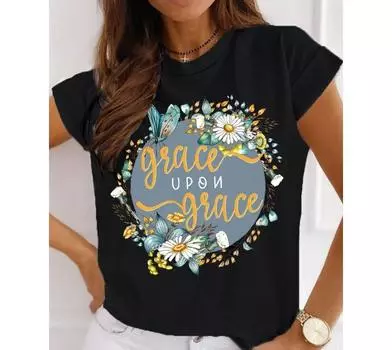 Summer Round Neck 3D Flower Cross Print Top Fashionable Casual Short Sleeved Women s T-shirts S