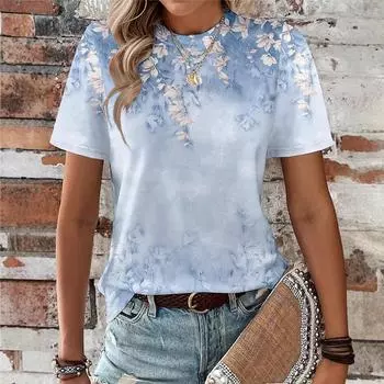 Summer Round Neck 3D Flower Gradient Print Top Fashionable Casual Short Sleeved Women s T-shirts XS
