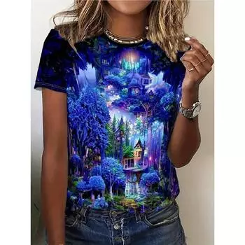 Summer Round Neck 3D Flowers and Plants Print Top Fashionable Casual Short Sleeved Women s T-shirts S