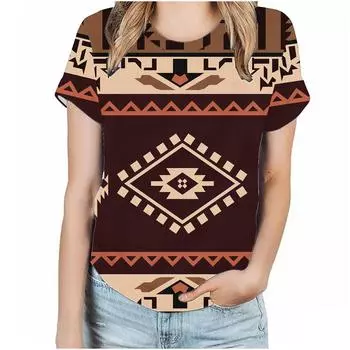 Summer Round Neck 3D Geometric Pattern Flowers Print Top Fashionable Casual Short Sleeved Women s T-shirts XS