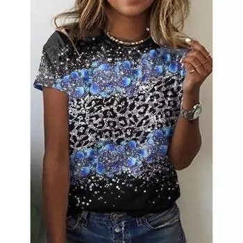 Summer Round Neck 3D Gradient Print Top Fashionable Casual Short Sleeved Women s T-shirts S
