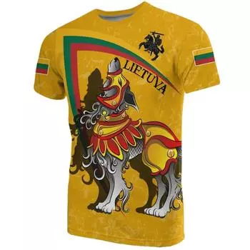 Summer Round Neck 3D Lithuania Flag National Emblem Print Top Fashionable Casual Short Sleeved Men s T-shirts XS