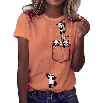 Summer Round Neck 3D Panda Print Top Fashionable Casual Short Sleeved Women s T-shirts S