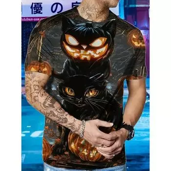 Summer Round Neck 3D Print Funny Cat Pattern Top Fashionable Casual Short Sleeved Men s T-shirts XS