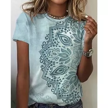 Summer Round Neck 3D Print Top Fashionable Casual Retro Short Sleeved Women s T-shirts S