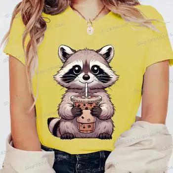 Summer Round Neck 3D Raccoon Pattern Print Top Fashionable Casual Short Sleeved Women s T-shirts 6XL