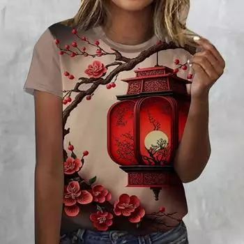 Summer Round Neck 3D Red Lantern Print Top Fashionable Casual Short Sleeved Women s T-shirts S