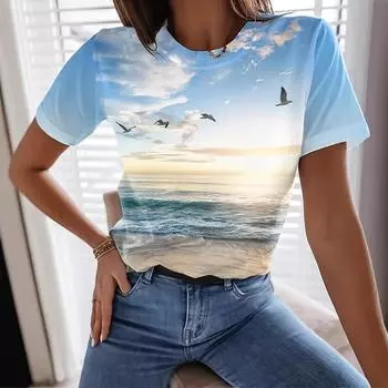 Summer Round Neck 3D Seaside Print Top Fashionable Casual Short Sleeved Women s T-shirts S