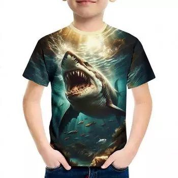 Summer Round Neck 3D Shark Pattern Printed Top Fashionable Casual Short Sleeved Children s Boy T-shirts 110
