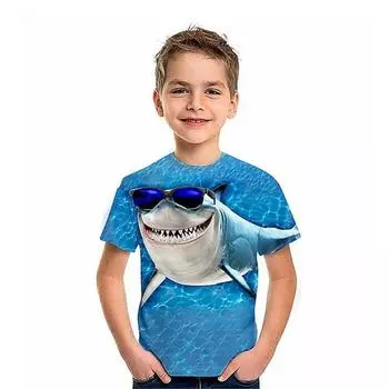 Summer Round Neck 3D Shark Print Top Fashionable and Casual Short Sleeved Children s Boy T-shirts 110