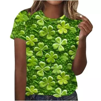 Summer Round Neck 3D St. Patrick s Day Green Theme Print Top Fashionable Casual Short Sleeved Women s T-shirts S