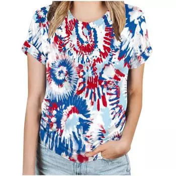 Summer Round Neck 3D Tie-dye Print Top Fashionable Casual Short Sleeved Women s T-shirts S