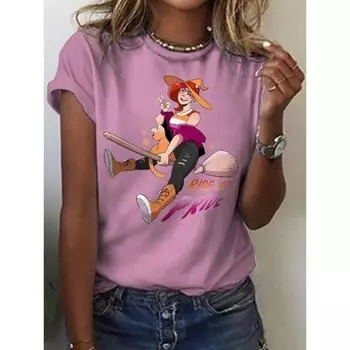 Summer Round Neck 3D Witch Print Top Fashionable Casual Short Sleeved Women s T-shirts XS