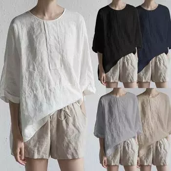 Summer Round Neck Cotton Linen Sleeve Casual Loose Pullover T-shirts Woman Tshirts Shirts for Women Oversized T-shirt Top XXXXXL белый