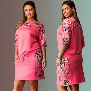 Summer Round Neck Mid-Sleeve Printed Plus Size Women s Dress L розовый