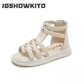Summer Sandals for Girls 2024 New Versatile Solid Color Korean Style PU Soft Non-slip Flat Casual Weave Roman Shoes for Princess 26 чёрный
