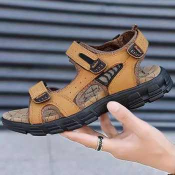Summer sandals open-toe top layer cowhide men s beach shoes soft sole fashion large size outdoor casual shoes 38 золотистый