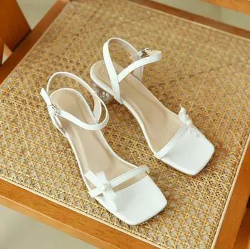 Summer Sandals Women s Fairy Style Fashion Square Toe Lace Party Wedding High Heels Elegant Pearl Crystal Middle Heels Women s 35 бежевый