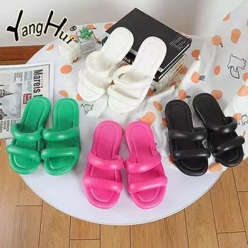 Summer Sandals Women Wear Double-band Slippers Outside 2024 New Style Slip-on Thick Soles Fashion Anti-slip Slippers Women 36 чёрный