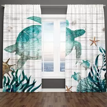 Summer Sea Animals Cartoon Starfish Turtles Blue Kid 2 Pieces Light Filtering Curtain for Living Room Bedroom Window Drape Decor 50W130H(CM) 2PCS&Rod Pocket