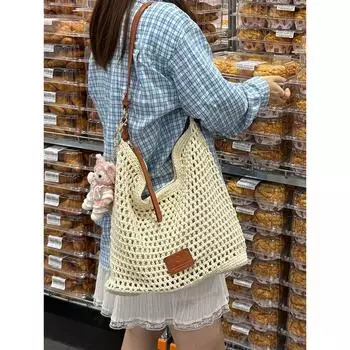 Summer Seaside Holiday Travel Beach Bag Female 2025 New Arrival Large Capacity Totes Woven Hollowed Shoulder Bag Beige White