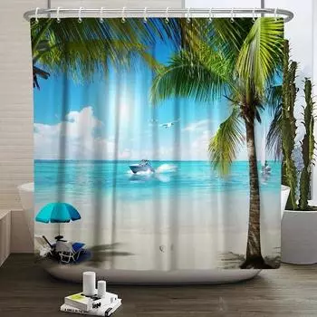 Summer Seaside Shower Curtains Ocean Beach View Coconut Trees Bath Curtain Polyester Fabric Bathroom Restroom Decor with Hooks 90X180cm