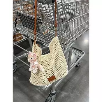Summer Seaside Vacation Travel Beach Bag Women 2025 New Large Capacity Tote Bag Woven Hollow Shoulder Bag Beige White(No pendant)