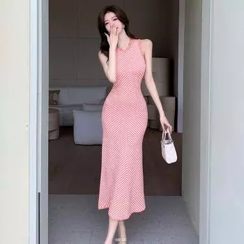 Summer Senior Sense Crew-neck Striped Color Contrast Patchwork Bag Hip Slimming Knit Dress One Size чёрный