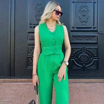 Летний комплект, женский жилет, брюки, высококачественный женский повседневный модный комплект из двух предметов S зелёный