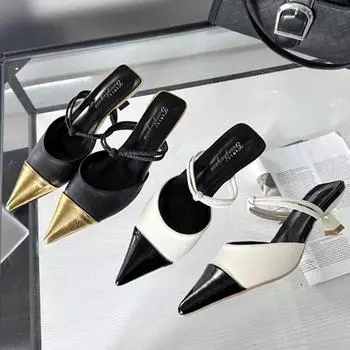 Summer Sexy Pointy Toe Small Heel Slippers Women Fashion Mules Sandals for Women Back Hollow Covered Toe Design Slides Loafers 35 чёрный