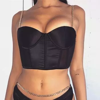 Summer Sexy Women Satin Bustier Top Chain Strap Casual Padded Lingerie M