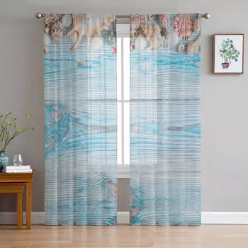 Summer Shell Starfish Wooden Board Sheer Curtains for Living Room Decoration Window Curtains Kitchen Tulle Voile Curtains W135 x H115cm x1