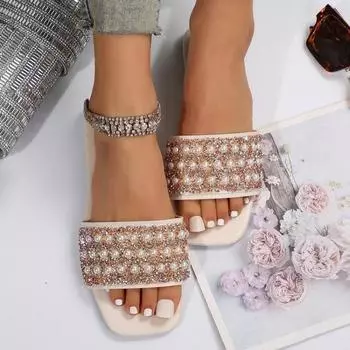 Summer Shiny Women s Slippers 2024 New Women s Flat Beach Slippers Casual Women s Outdoor Non-slip Sandals Plus Size 43 36 бежевый